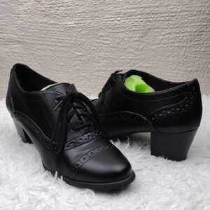Comfort Plus By Predictions Black Faux Leather Lace up Block Heel Brogue Loafer